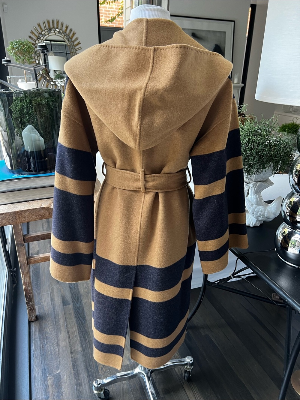 La Ligne Camel and Dark Navy  Striped Hooded Belted Wrap Coat Reversible  size S - Picture 3 of 11